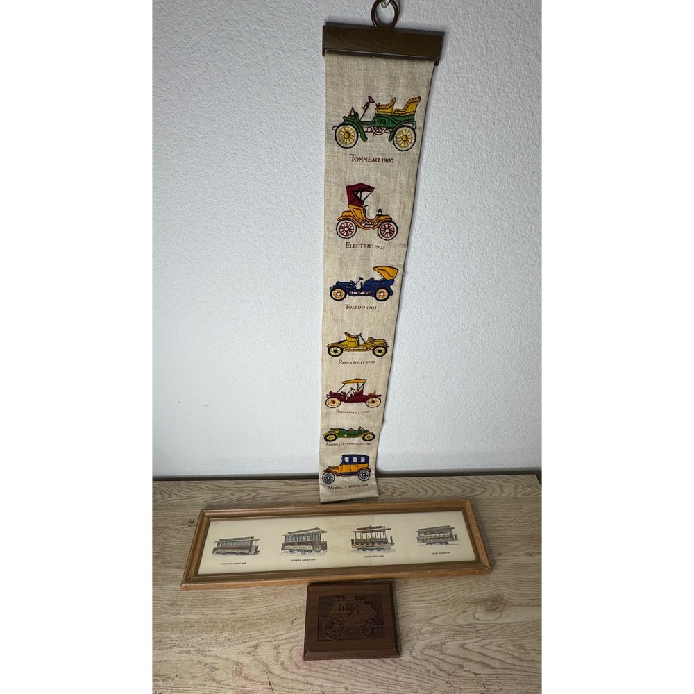Vintage Transportation Wall Art Set Linen Car Embroidery Cable Car Print Plaque